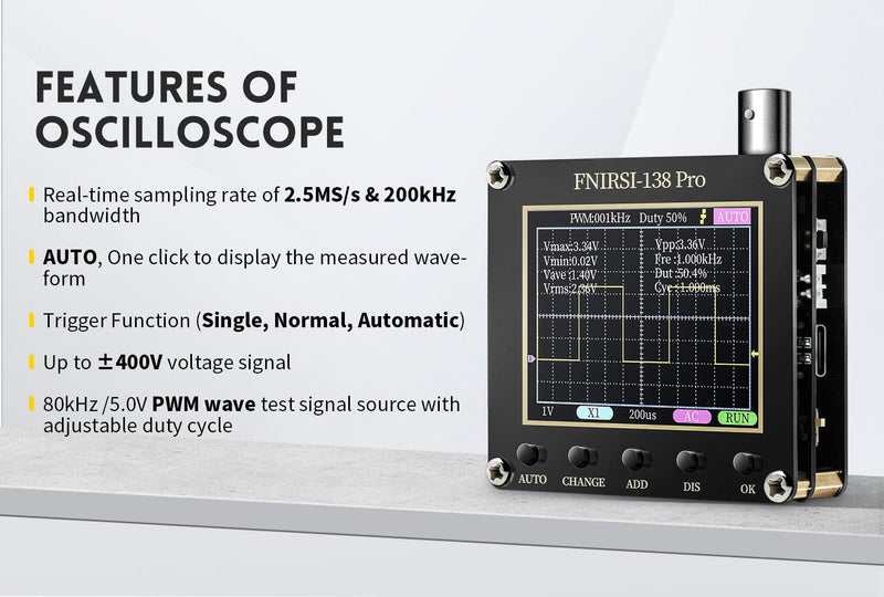 Load image into Gallery viewer, FNIRSI 138 Pro Oscilloscope - 2.4&quot; TFT Handheld Digital Oscilloscope Kit Portable Automotive Oscilloscope, 2.5MS/s High Sampling Rate, 200KHz Bandwidth, 80khz Pwm, Trigger Function Auto/Nomal/Single Without Battery(3) - FN-138-PRO-OSCP-NB - Fnirsi - ALTWAYLAB

