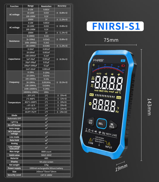 FNIRSI S1 Smart Digital Multimeter 9999 counts AC DC Voltage Resistance Capacitance Diode NCV (7) - FN-S1-MLTR - Fnirsi - ALTWAYLAB